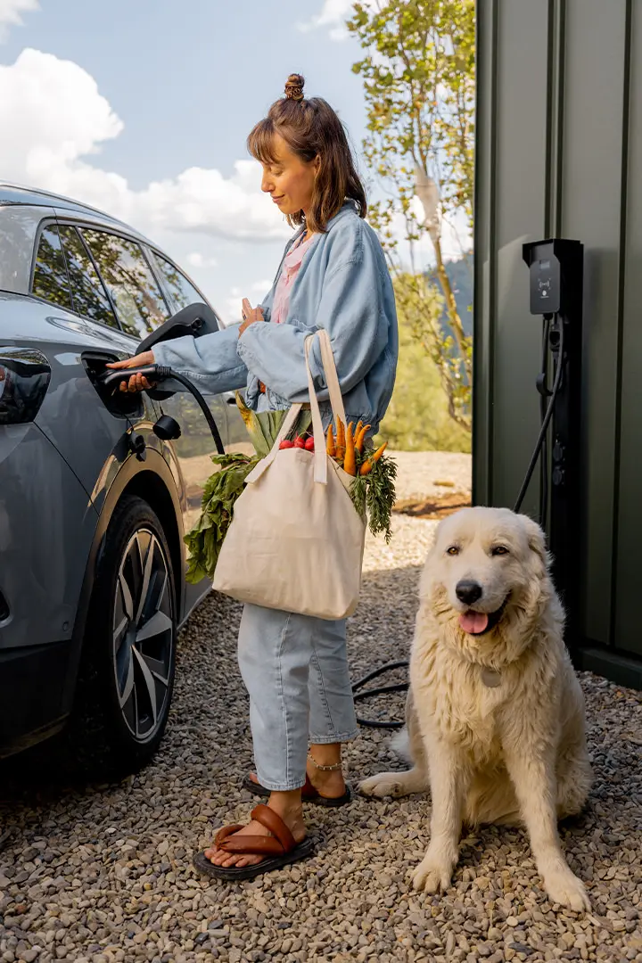 Frau mit Hund lädt ihr E-Auto