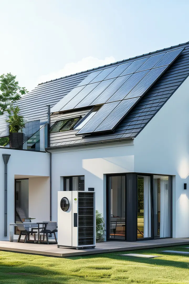 Haus mit PV Anlage, Stromspeicher und Wärmepumpe